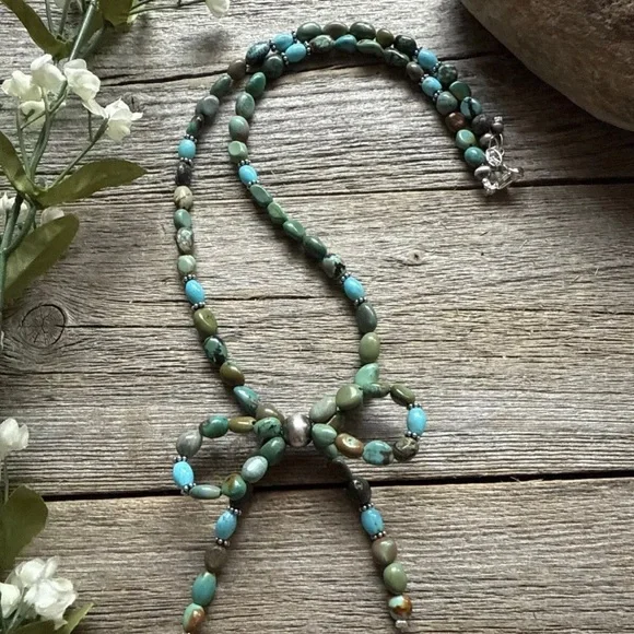 Bow Blue Green Turquoise Sterling Silver Pearls Bead Necklace. 18 Inch. Gift